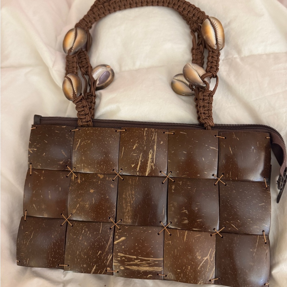 Brown Woven Shell-Embellished Women's Bag